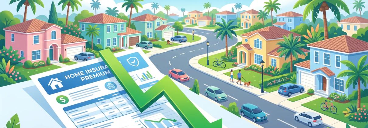 Sunny South Florida neighborhood with palm trees and stucco homes representing dropping home insurance rates in Florida in 2026