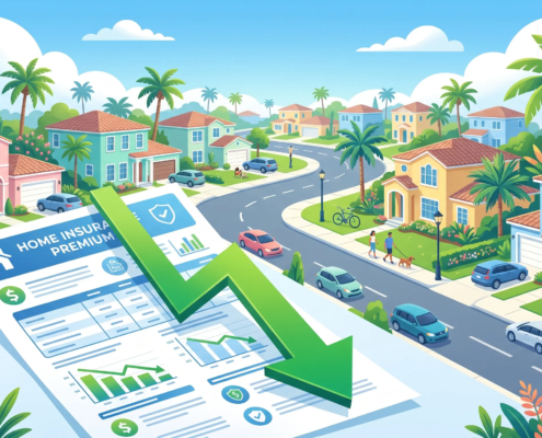 Sunny South Florida neighborhood with palm trees and stucco homes representing dropping home insurance rates in Florida in 2026