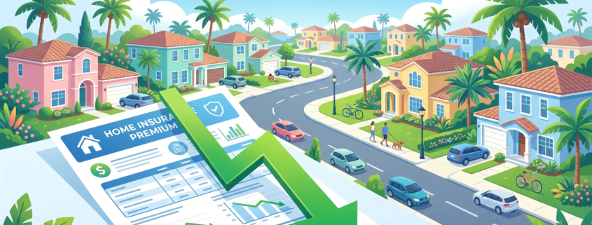 Sunny South Florida neighborhood with palm trees and stucco homes representing dropping home insurance rates in Florida in 2026