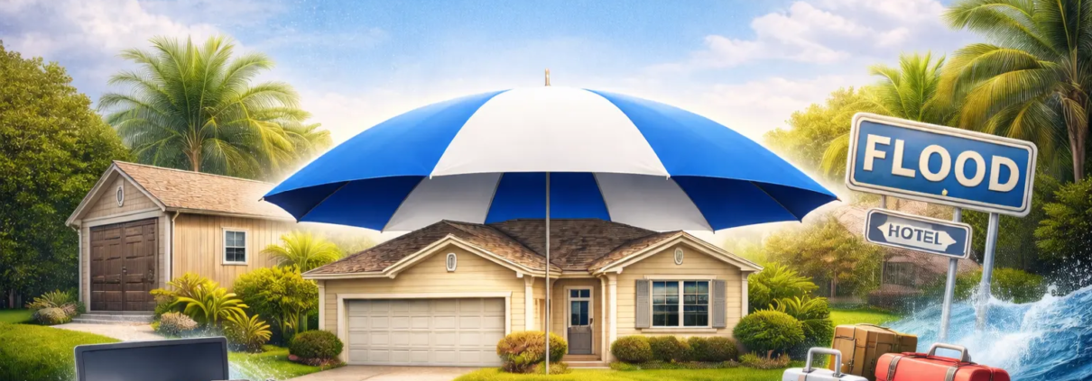 Florida home protected by insurance umbrella surrounded by flood water, personal belongings, and luggage — what does homeowners insurance cover in Florida