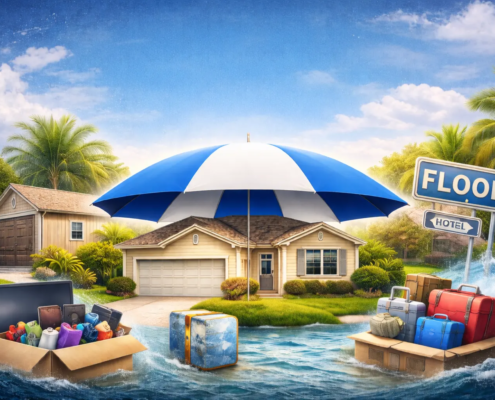 Florida home protected by insurance umbrella surrounded by flood water, personal belongings, and luggage — what does homeowners insurance cover in Florida