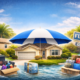 Florida home protected by insurance umbrella surrounded by flood water, personal belongings, and luggage — what does homeowners insurance cover in Florida