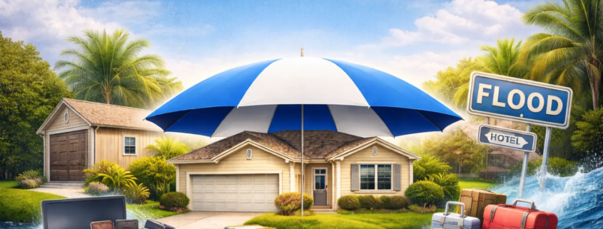 Florida home protected by insurance umbrella surrounded by flood water, personal belongings, and luggage — what does homeowners insurance cover in Florida