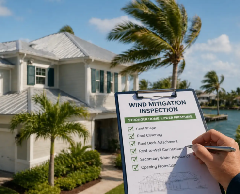 Licensed home inspector examining roof connections on a South Florida residential home