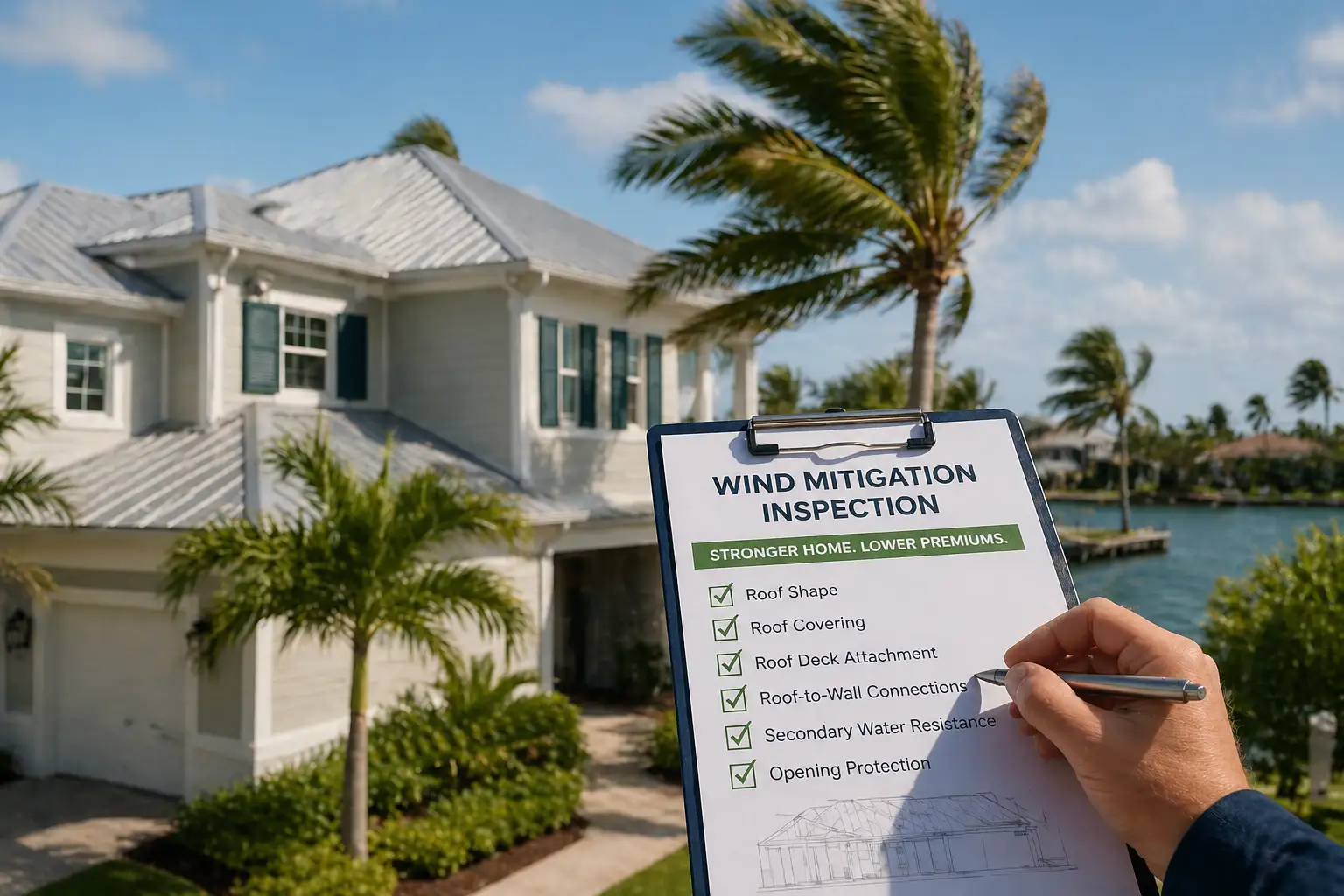 Wind Mitigation Inspection Licensed home inspector examining roof connections on a South Florida residential home